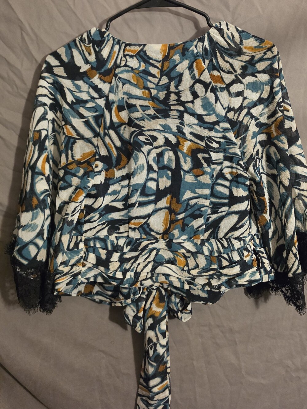 NWT Anthropologie Teal Abstract Print Peplum Blouse with Lace Trim Size XXS